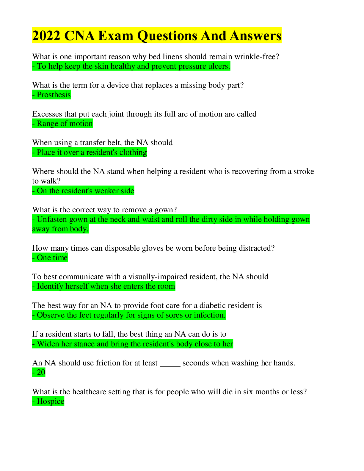 Preview image for 2022 CNA Exam Questions And Answers